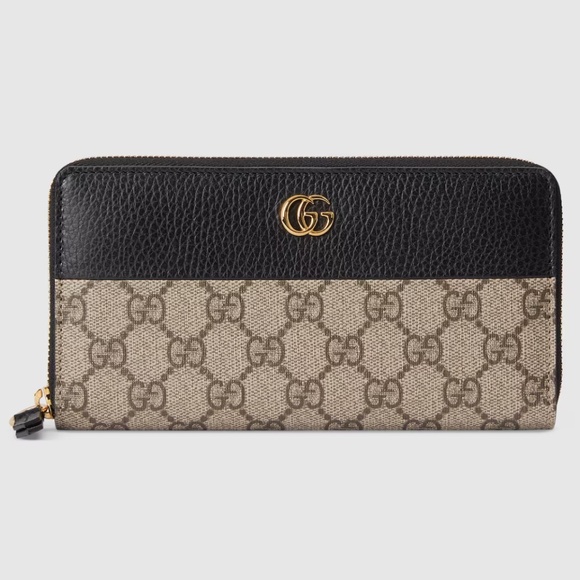 NWOT Gucci GG Marmont Bi-color Zip-around Wallet in Black Leather and GG Supreme - Picture 1 of 15